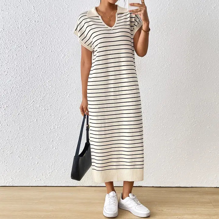Loose Casual Striped V Neck Long Dress