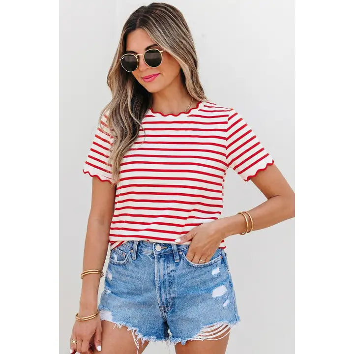 Stripe Scallop Trim Round Neck Blouse