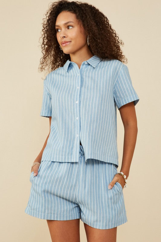 Plus Pinstripe Short Sleeve Button Up Shirt