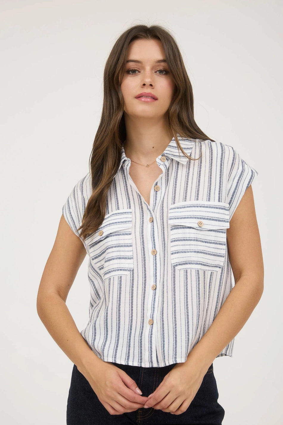 Strip Collared Sleeveless Button Down Shirt