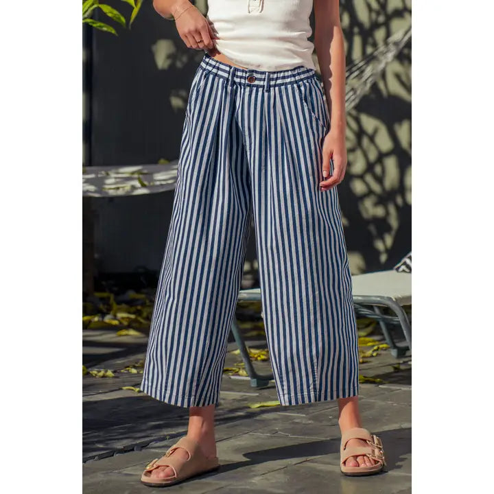 Striped Pleated Wide Leg Culotte Pants