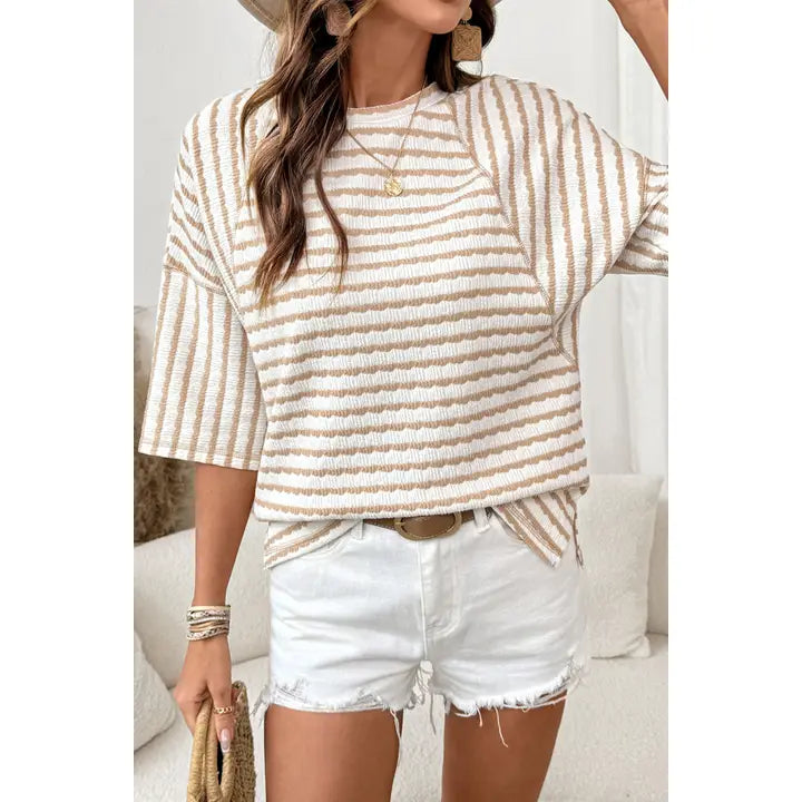 Texture Stripe Knit Half Sleeve Blouse