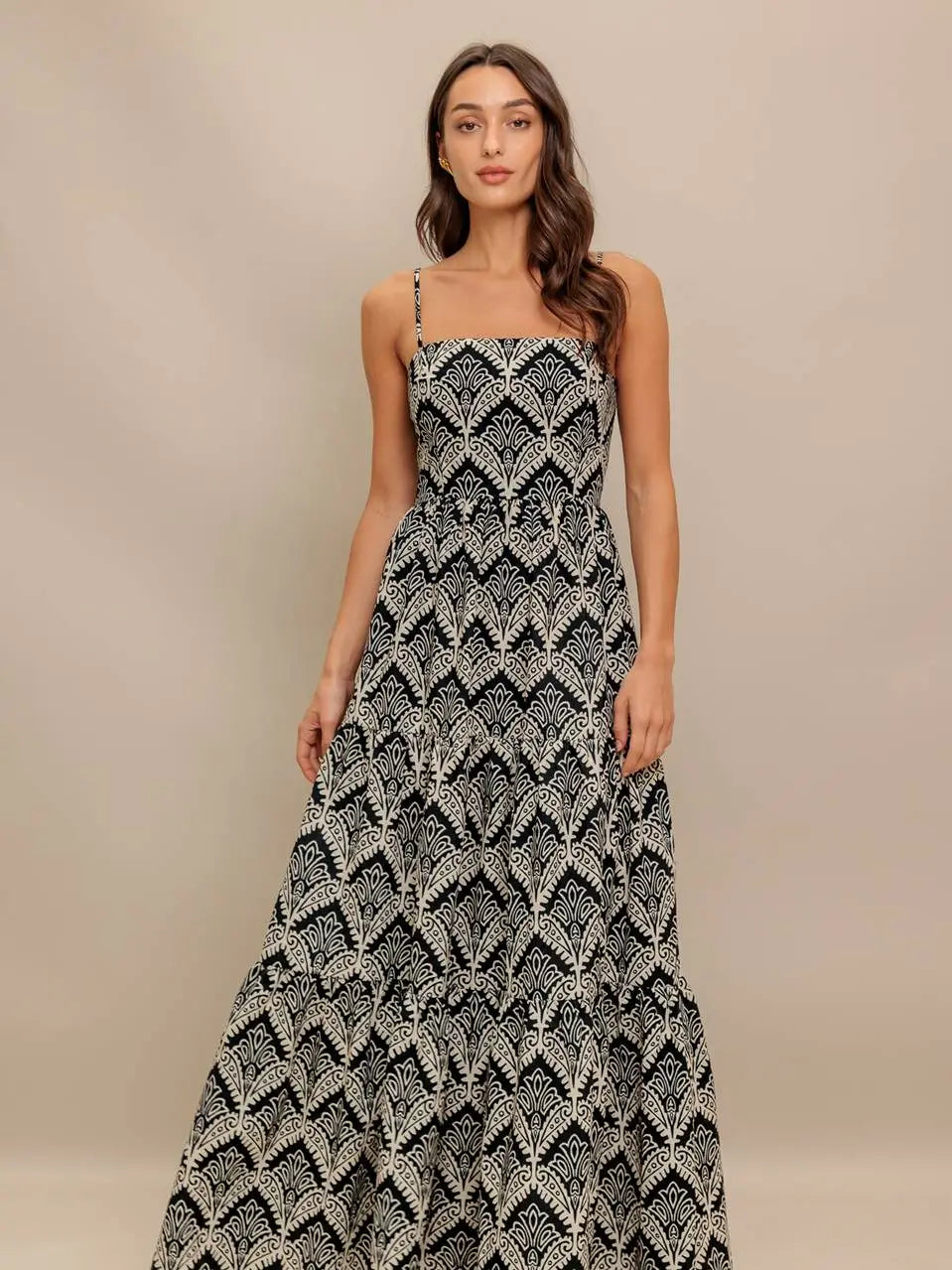 Printed Woven Maxi Dress - B/W