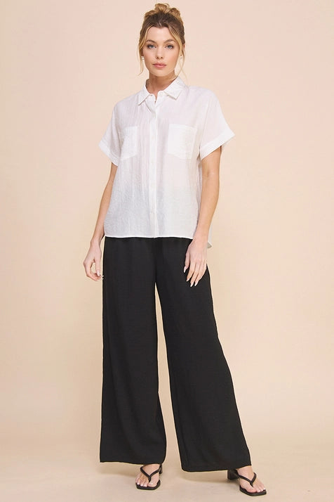Flowy Textured Short Sleeve Button Front Collared Shirt