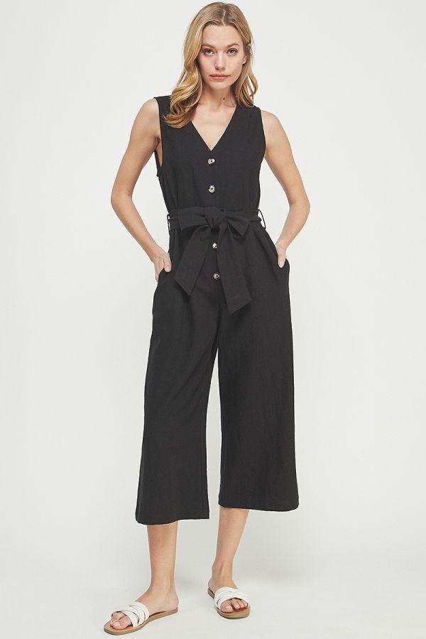 Sleeveless Midi Linen Wide Leg Jumpsuit