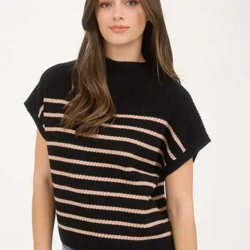Stripe Mock Neck S/S Knit Sweater