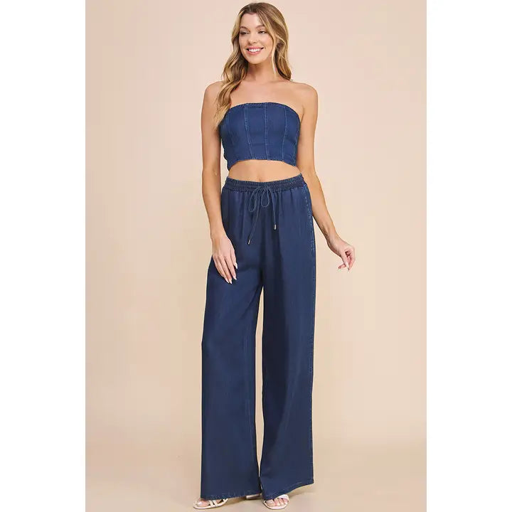 Chambray Denim Tie Waist Wide Leg Pants