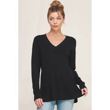 Waffle V-Neck Sweater w/ Side Slits