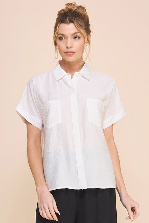 Flowy Textured Short Sleeve Button Front Collared Shirt