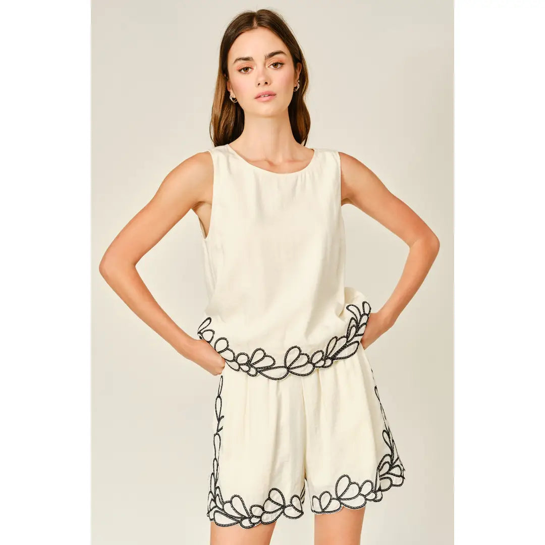 Embroidered Hem Sleeveless Top