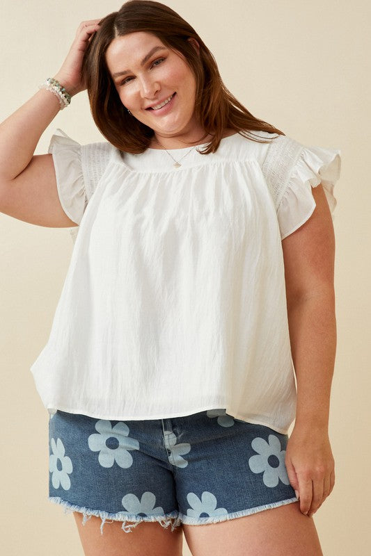 Plus Smocked Detail Ruffle Shoulder Top