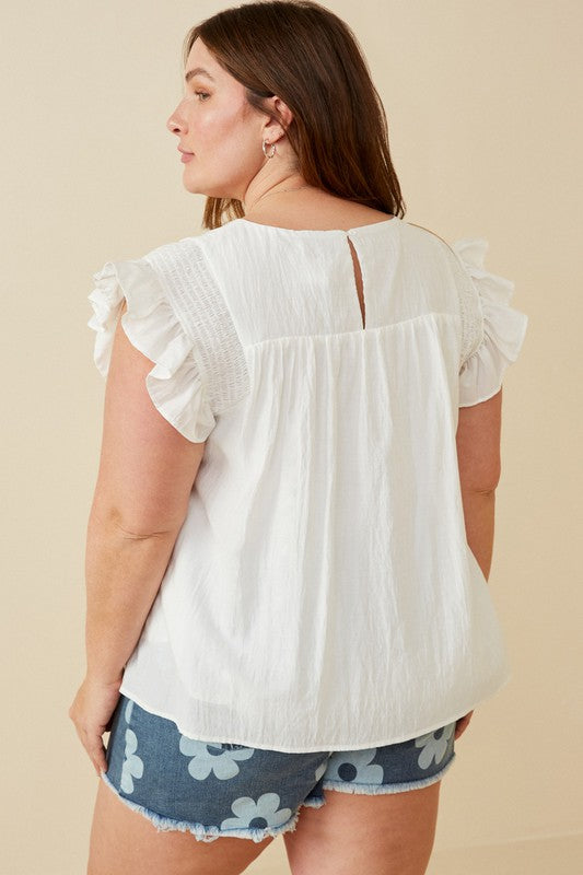 Plus Smocked Detail Ruffle Shoulder Top