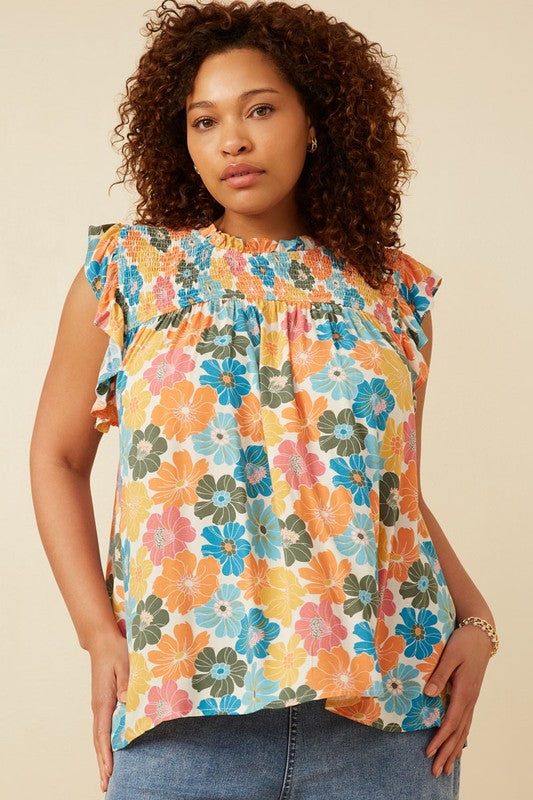 Plus Floral Smocked Ruffle Detail Top