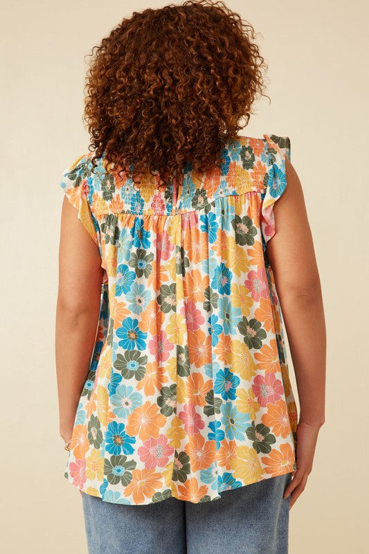 Plus Floral Smocked Ruffle Detail Top