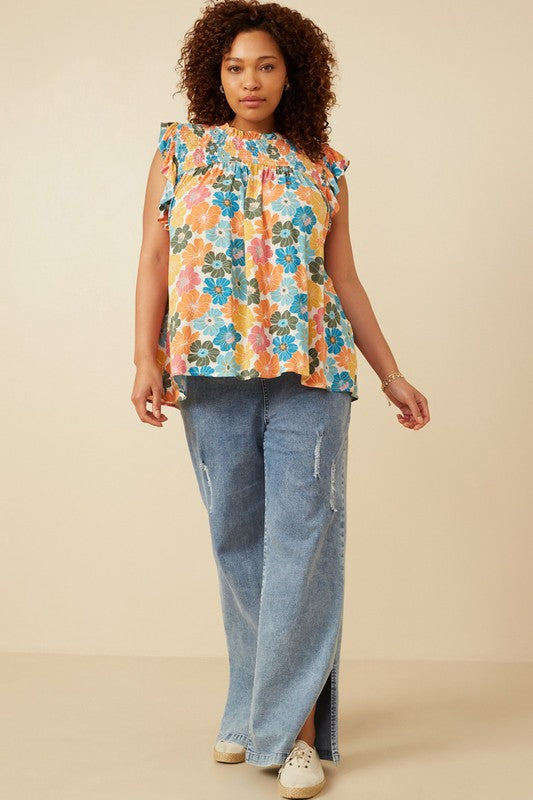 Plus Floral Smocked Ruffle Detail Top
