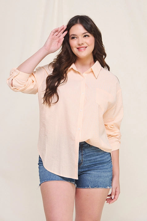 Plus Stripe Button Up Collar Shirt