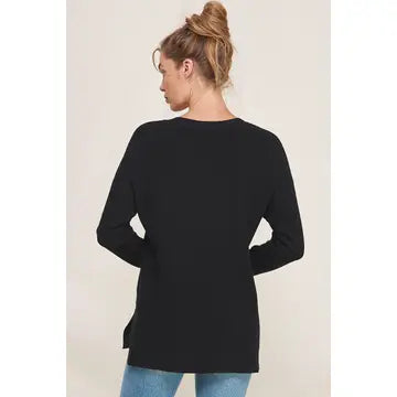 Waffle V-Neck Sweater w/ Side Slits