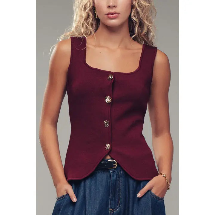 Button Square Neck Knit Vest