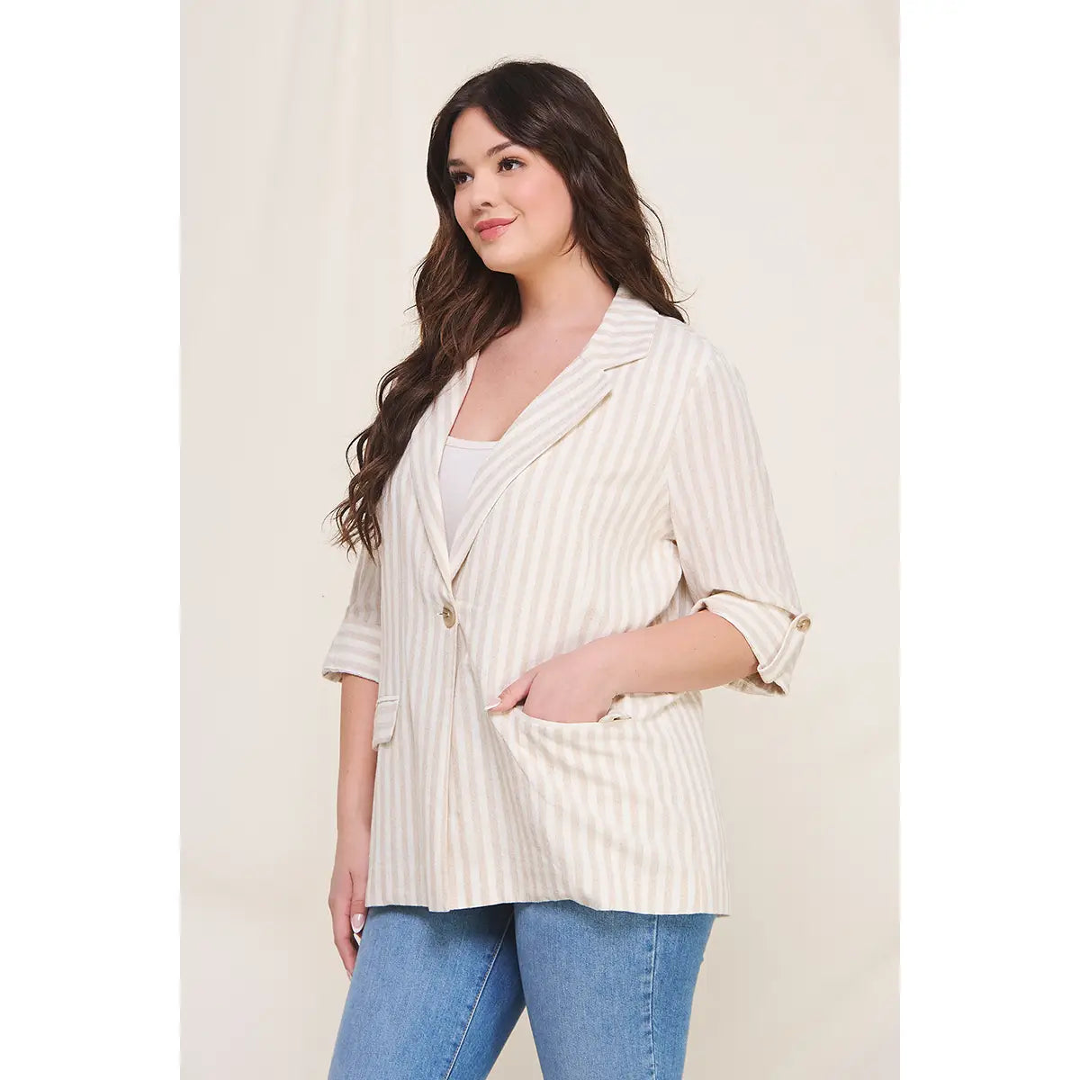 Striped Linen 3/4 Roll Jacket (Plus)