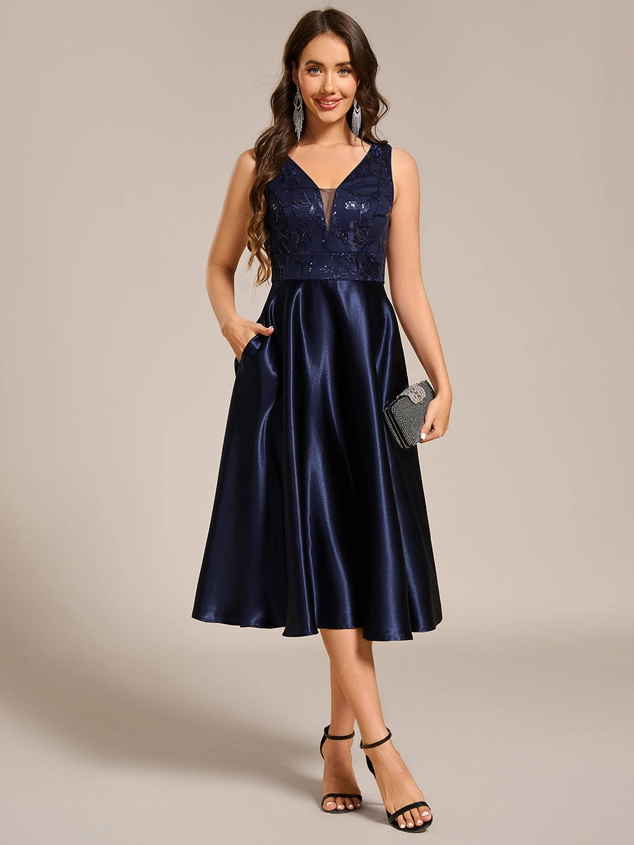 Satin Deep V Neck Wedding Dress