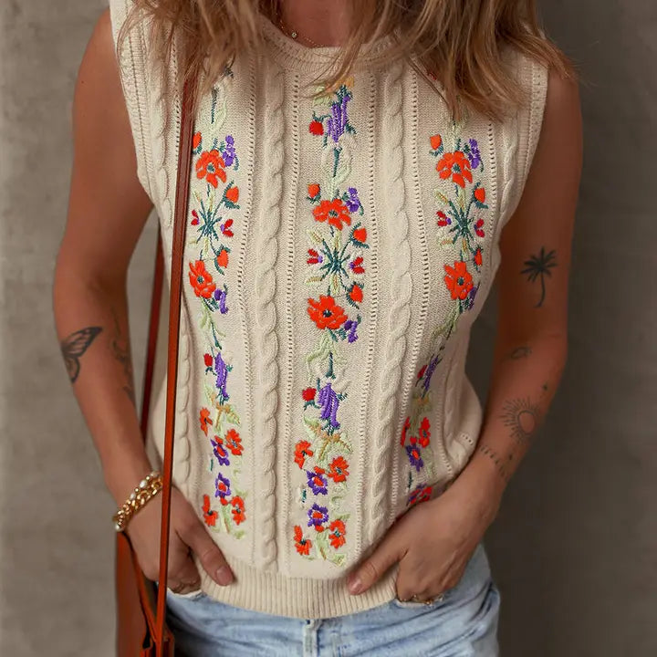 Floral Embroidered Sleeveless Sweater Vest