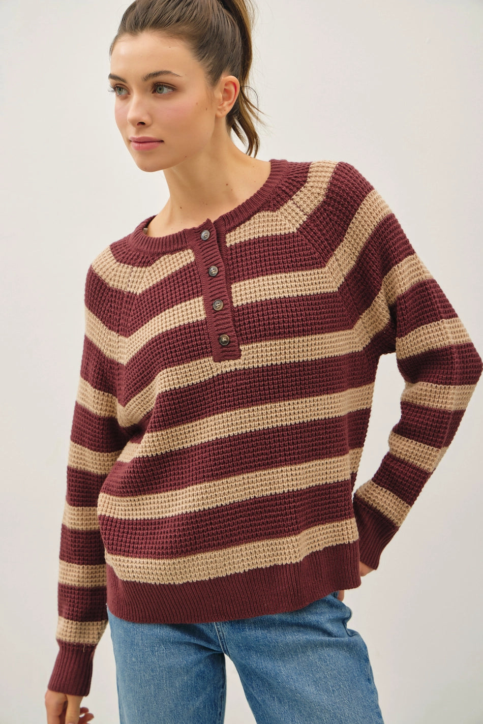 Henley Button Waffle Knit Sweater