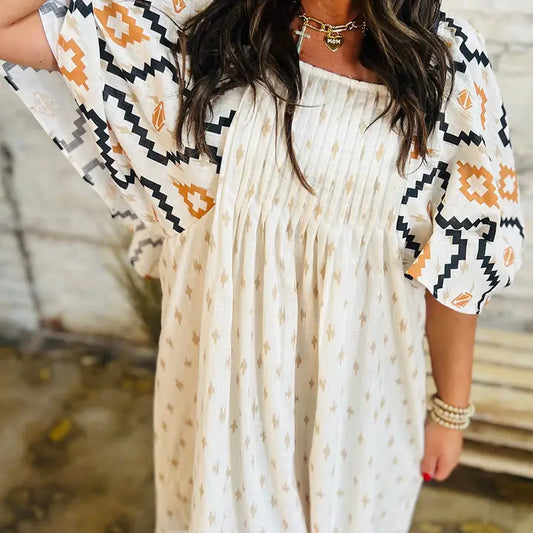 Western Aztec Pleated Mini Dress