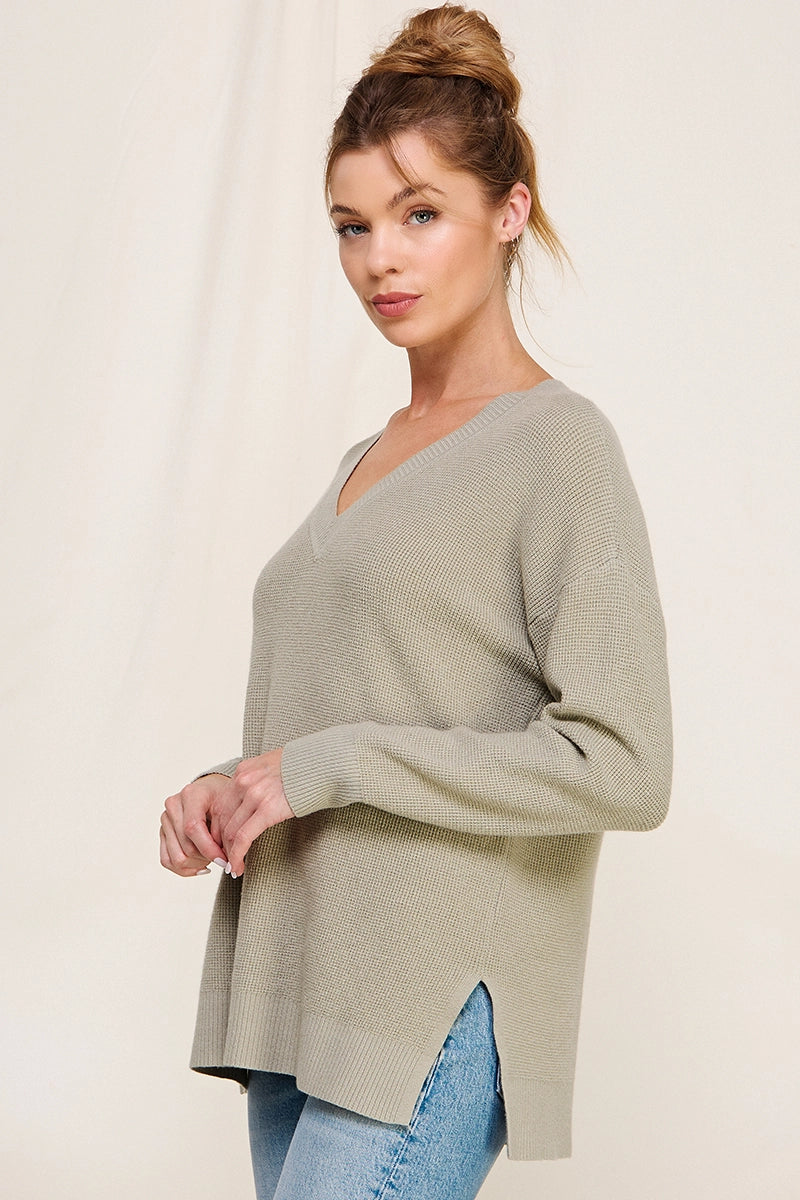 Waffle V-Neck Sweater w/ Side Slits