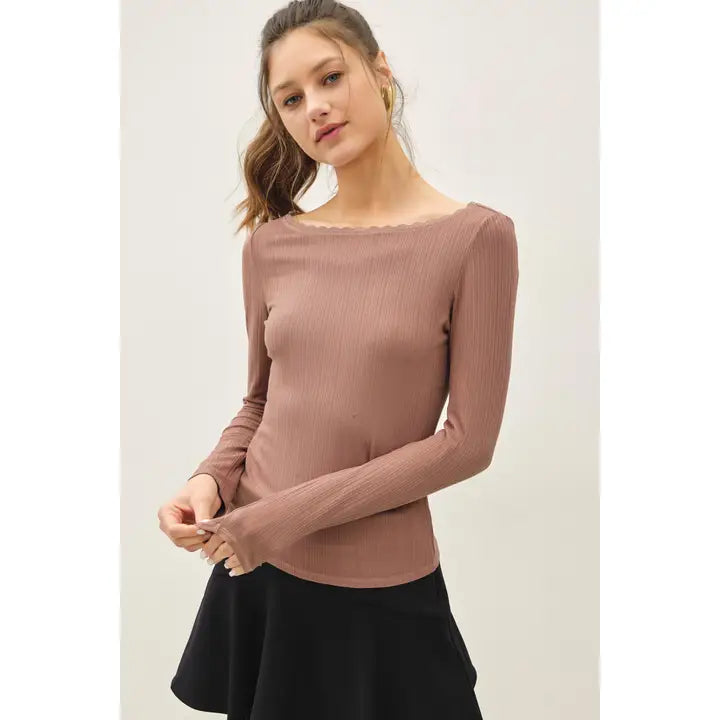 Lace Trim Ribbed Boat Neck L/S Top