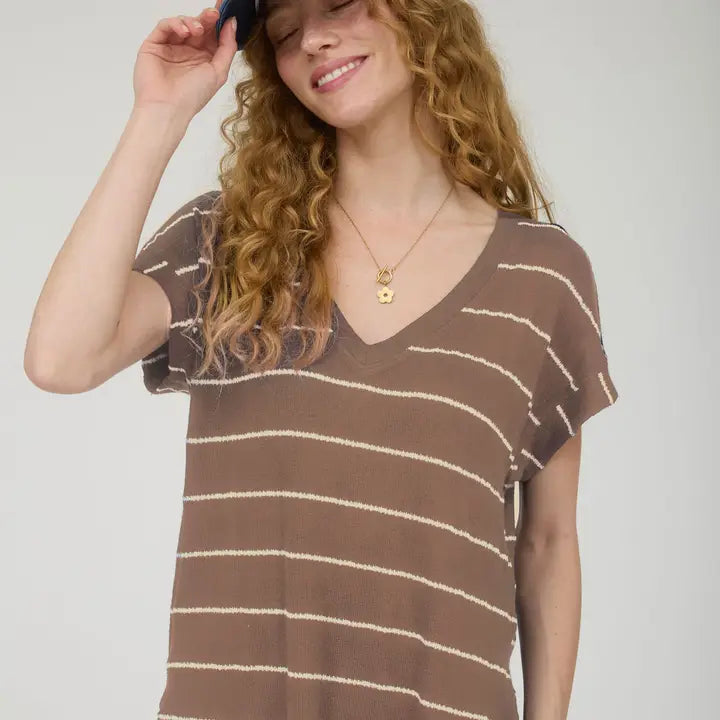 Strip V Neck Cuffed S/S Knit Top
