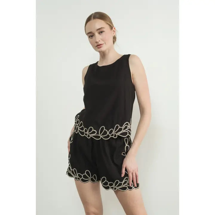 Embroidered Hem Sleeveless Top