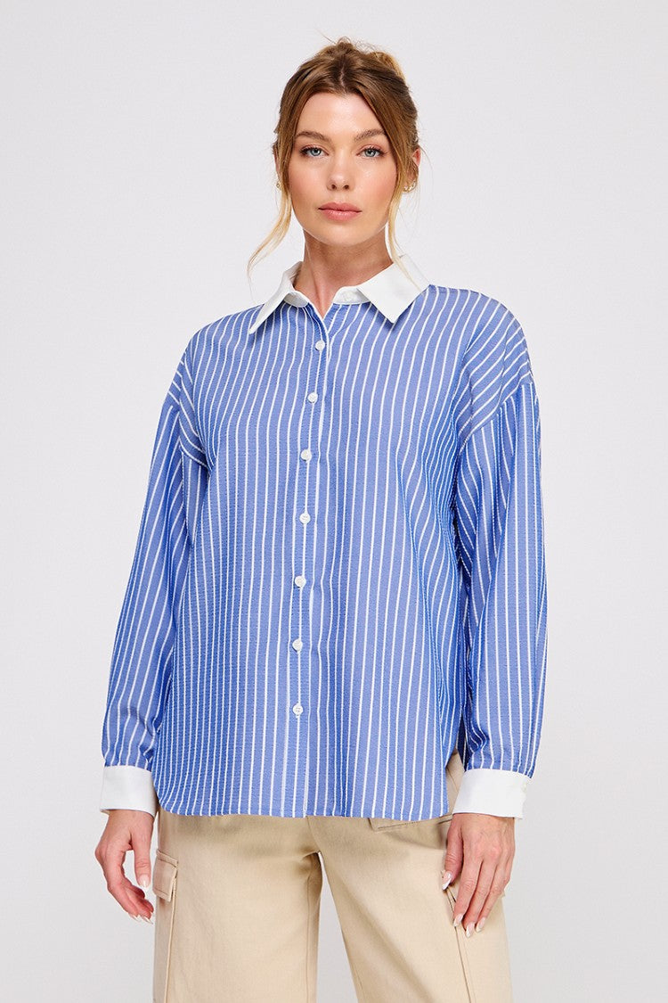 Crinkled Stripe Button Up Shirt w/ Contrast Collar