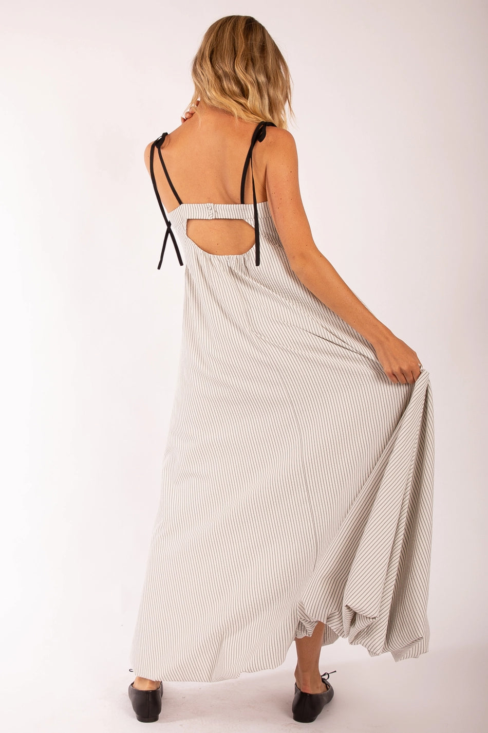 Textured Stripe Bubble Hem Tie Midi Dress