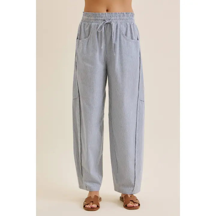 Elastic Stripe Cotton Barrel Pants
