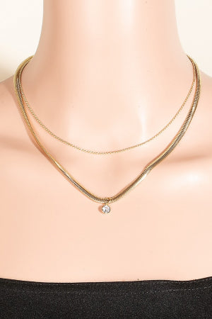Round CZ Pendant Layered Chains Necklace