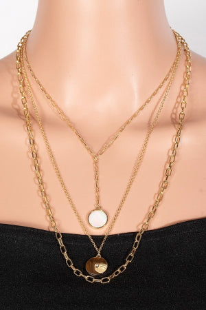 Mother of Pearl & CZ Coin Layered Chain Necklace