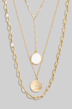 Mother of Pearl & CZ Coin Layered Chain Necklace