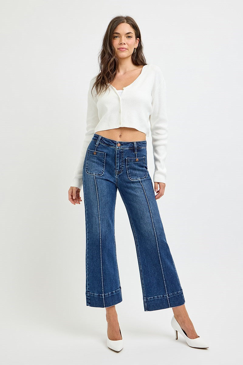 HW Crop Wide Jeans w/ Front Pintuck