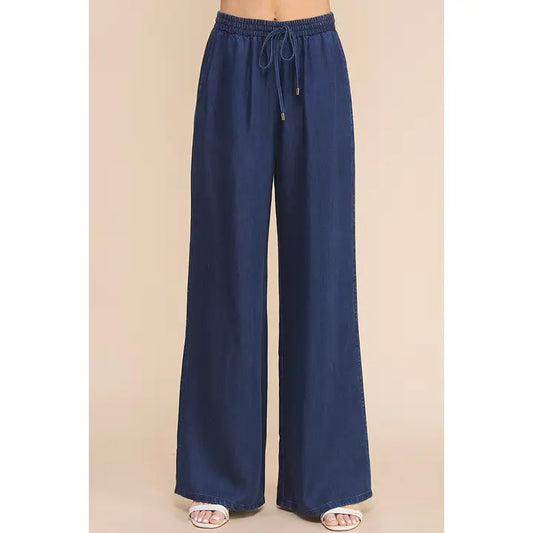 Chambray Denim Tie Waist Wide Leg Pants