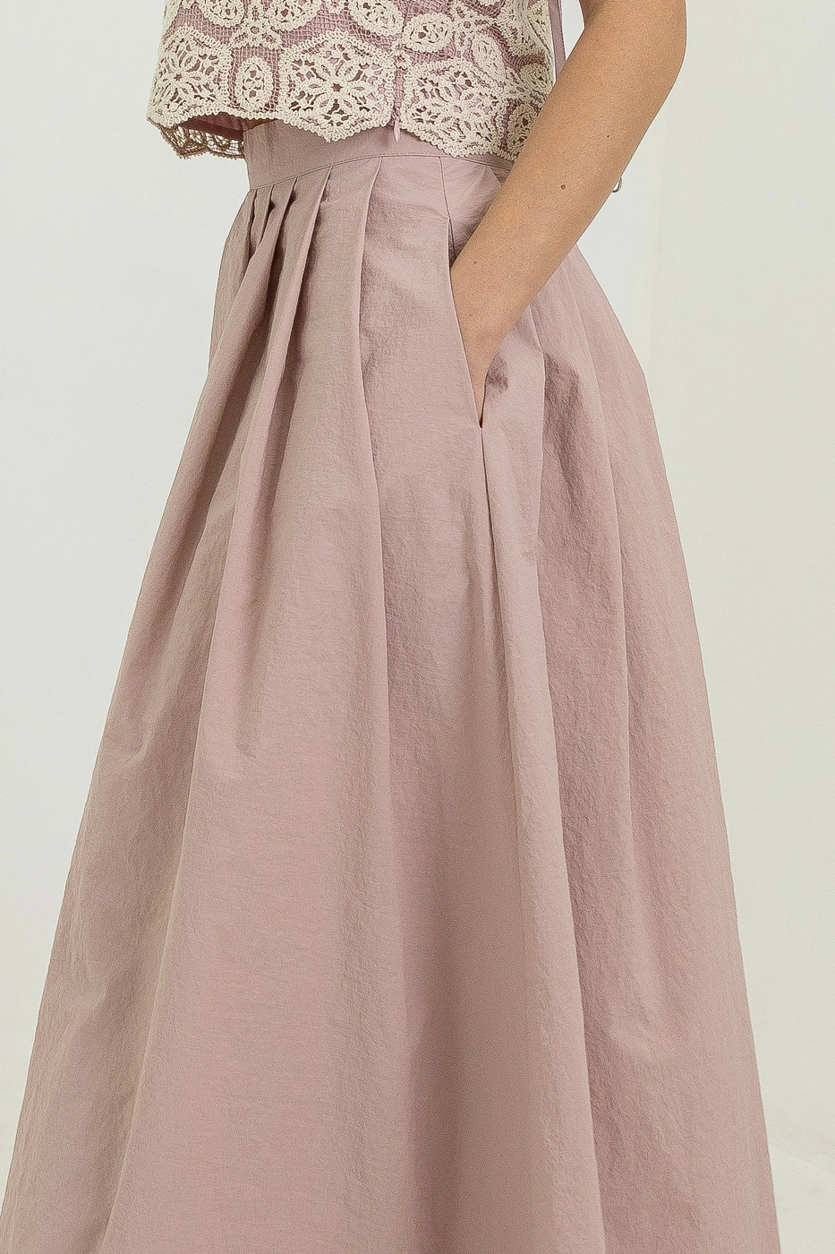 Pleated Detail Taffeta Midi Skirt