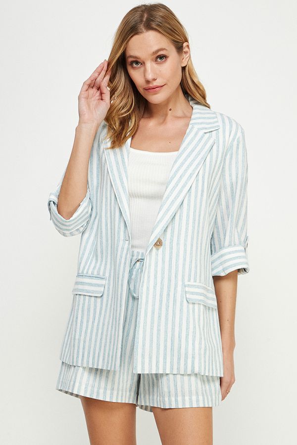 Striped Linen 3/4 Roll Jacket