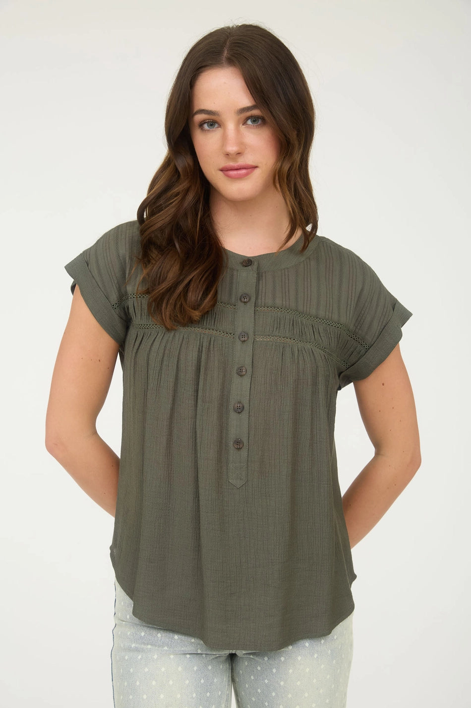Eyelet Trim Half Button S/S Top