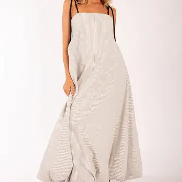 Textured Stripe Bubble Hem Tie Midi Dress