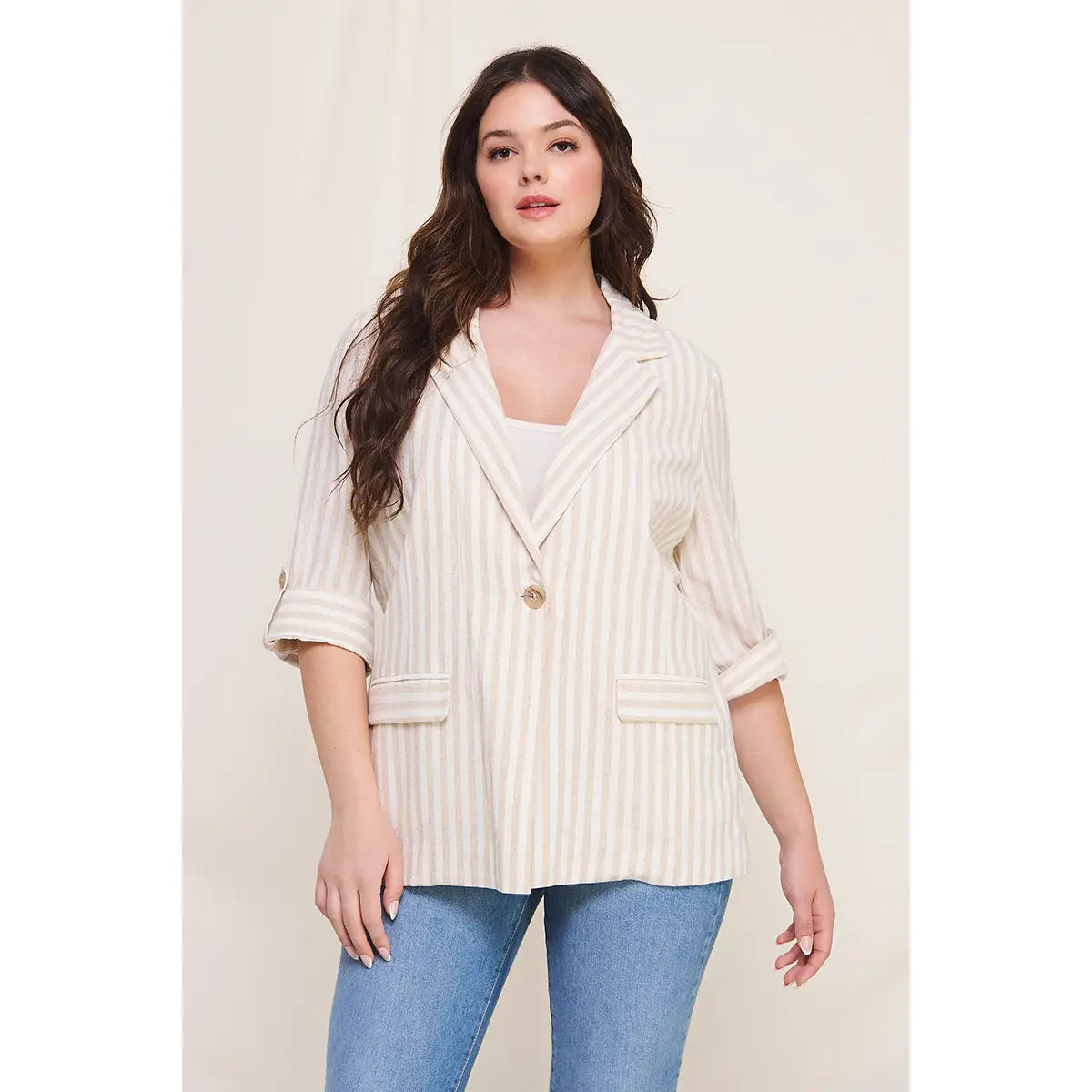 Striped Linen 3/4 Roll Jacket (Plus)