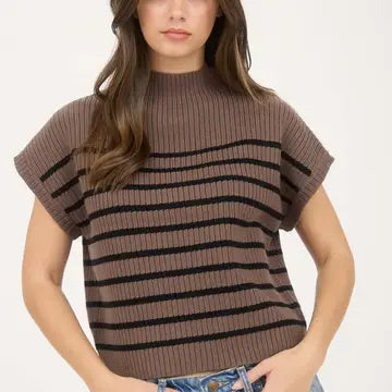 Stripe Mock Neck S/S Knit Sweater