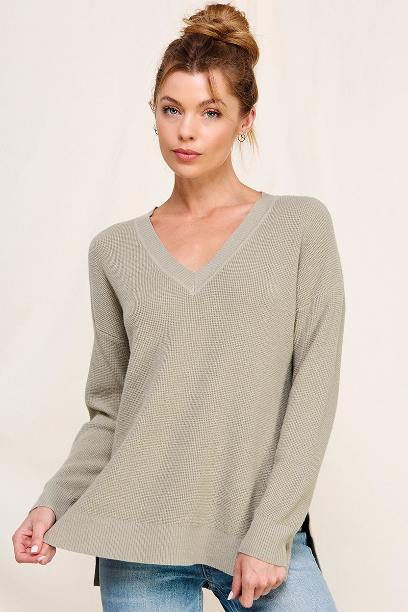 Waffle V-Neck Sweater w/ Side Slits