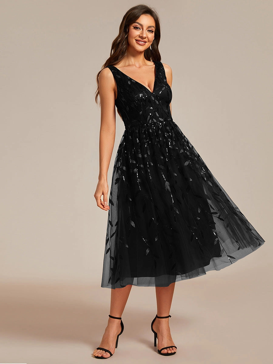V Neck Sequin Midi Dress