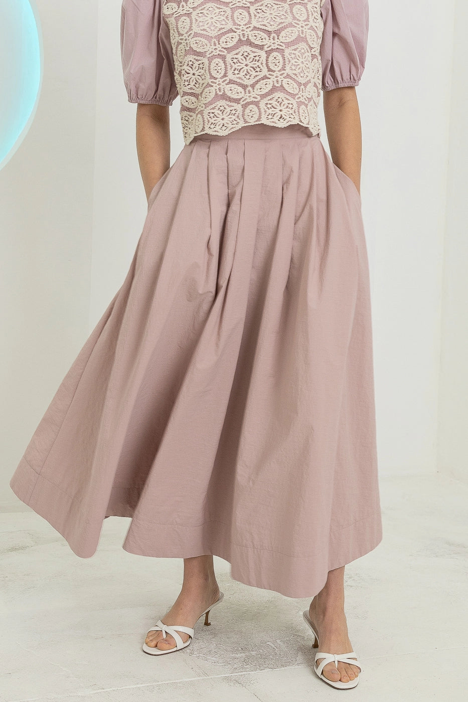 Pleated Detail Taffeta Midi Skirt