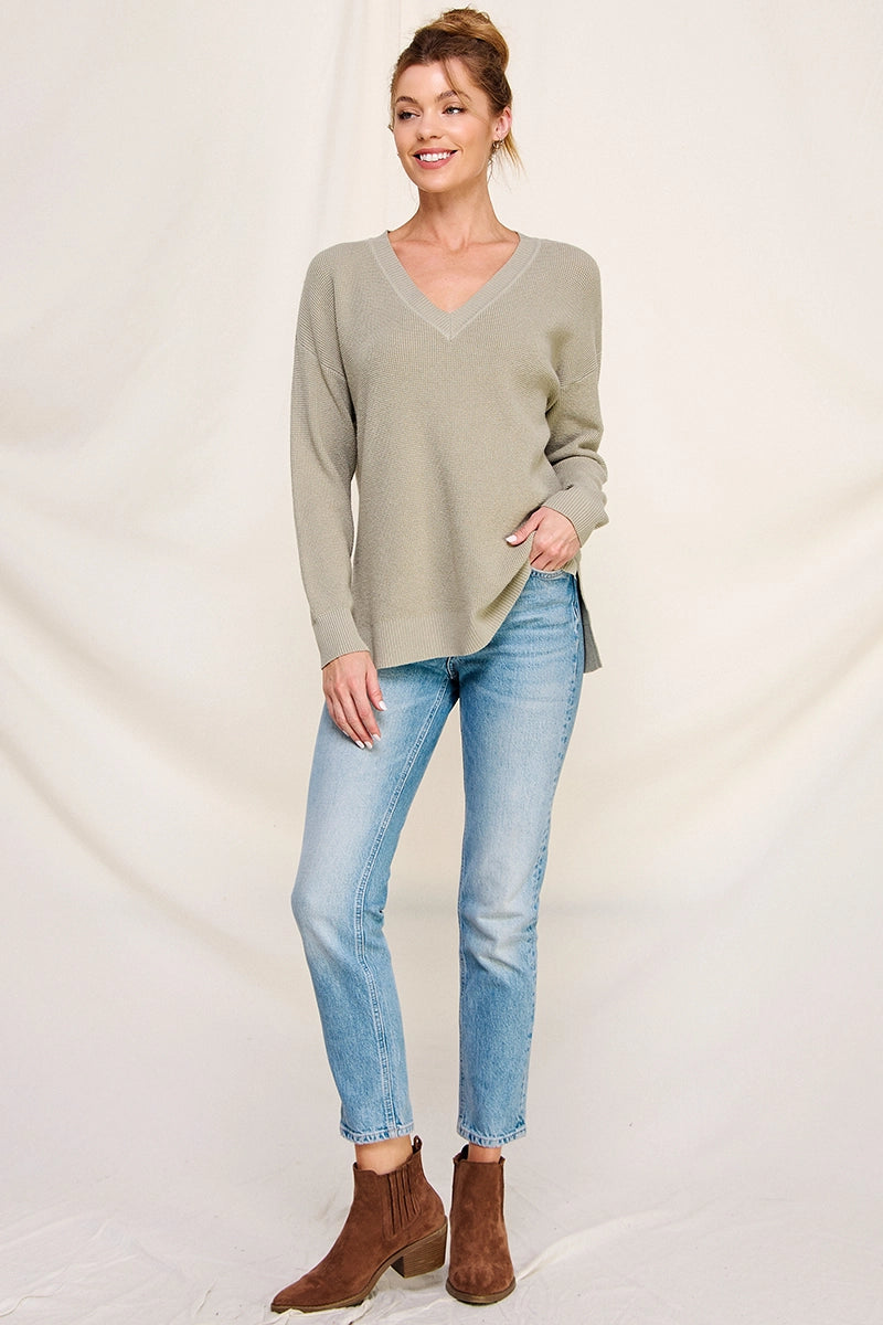 Waffle V-Neck Sweater w/ Side Slits
