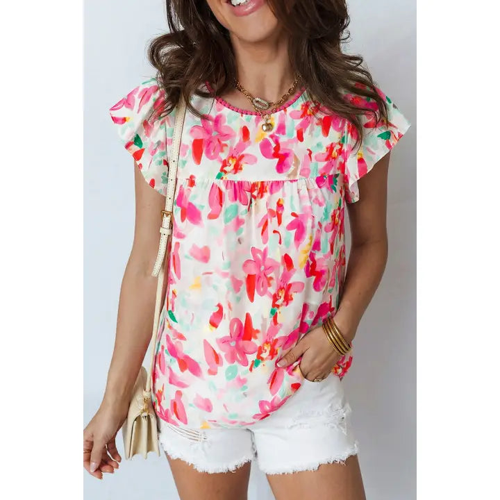 Floral Print Flutter Sleeve Round Neck Blouse